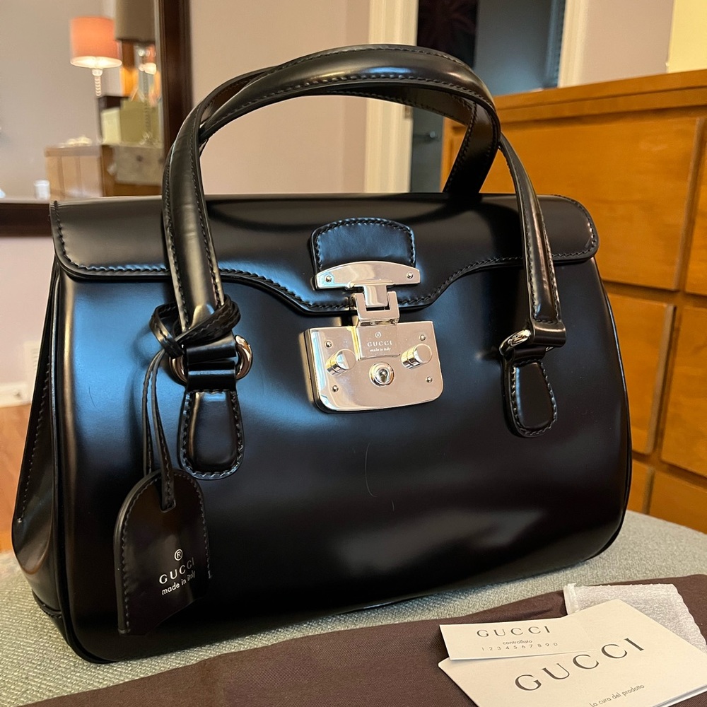 Gucci Lady Lock Bag Smooth Black Leather Top Handle Silver Doctor Bag Satchel